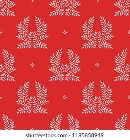 Seamless geometrical floral pattern with elegant floral wreaths and abstract polka dots. Yellow gold silhouettes on red background.