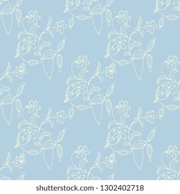 Seamless geometrical floral pattern with hand drawn linear sketches of stylizes blooming plants. 