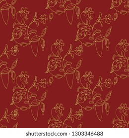 Seamless geometrical floral pattern with hand drawn linear sketches of stylizes blooming plants. Golden silhouettes on black background.