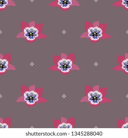 Seamless geometrical floral pattern with heads of tulip flower and abstract polka dots. 