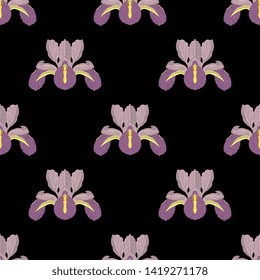 Seamless geometrical floral pattern with heads of Iris flower.