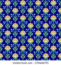 Seamless geometrical floral pattern with leaves polka dot and navy background