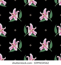 Seamless geometrical floral pattern with lily flowers and abstract polka dots.