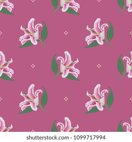 Seamless geometrical floral pattern with lily flowers and abstract polka dots.