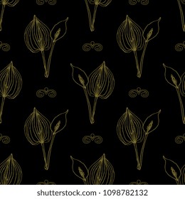 Seamless geometrical floral pattern with linear silhouettes of bog arum plant (Calla Palustris) and abstract vignettes. Art Nouveau style.