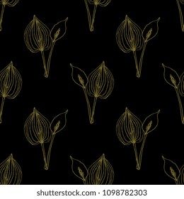 Seamless geometrical floral pattern with linear silhouettes of bog arum plant (Calla Palustris). Based on hand drawn sketch.