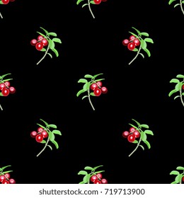 Seamless geometrical floral pattern with lingonberry plants. Folk style.