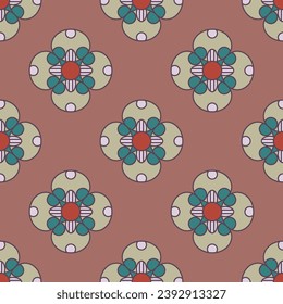 Seamless geometrical floral pattern with medieval motifs. Four petal cross shape flowers. On mauve background.