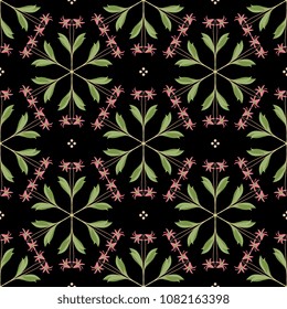 Seamless geometrical floral pattern with ornate round mandalas made of dog's-tooth-violet or dogtooth violet plants and abstract polka dots.