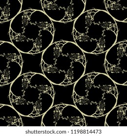 Seamless geometrical floral pattern with ornate round wreaths of tree branches. Yellow silhouettes on black background.