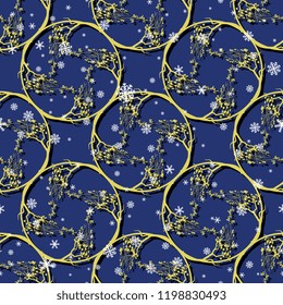Seamless geometrical floral pattern with ornate round wreaths of tree branches and snowflakes. 