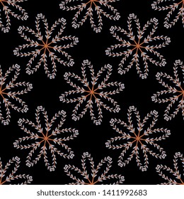 Seamless geometrical floral pattern with ornate round mandalas and abstract dots. Folk style.