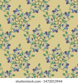 Seamless geometrical floral pattern with ornate round mandalas made of pansy flower branches. Viola tricolor.