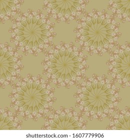 Seamless geometrical floral pattern with ornate round mandalas with branches of white campion flower. Silene latifolia.