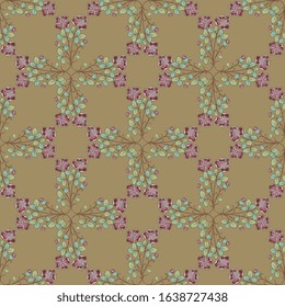 Seamless geometrical floral pattern with rectangular shapes made of stylized flower branches. Folk style.
