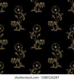 Seamless geometrical floral pattern with rose branches. Hand drawn linear sketches.