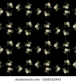Seamless geometrical floral pattern with round wreaths made of viburnum blossom.