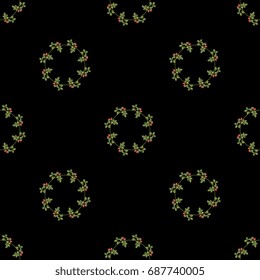 Seamless geometrical floral pattern with round wreaths of wild rose boughs. Autumn motif. Red berries and green leaves on black background.