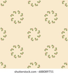 Seamless geometrical floral pattern with round wreaths of wild rose boughs. Autumn motif. Red berries and green leaves on light beige background.