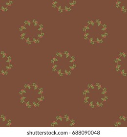 Seamless geometrical floral pattern with round wreaths of wild rose boughs. Autumn motif. Red berries and green leaves on brown background.
