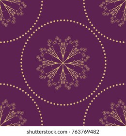 Seamless geometrical floral pattern with round floral crowns and dotted rings.
