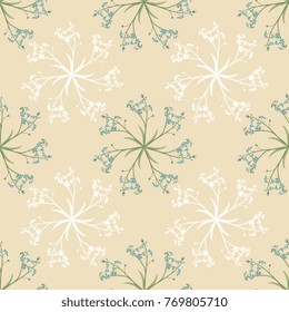 Seamless geometrical floral pattern with round wreaths of forget-me-nots.