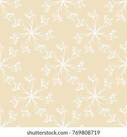 Seamless geometrical floral pattern with round silhouetted crowns of forget-me-nots.
