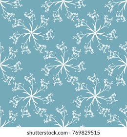 Seamless geometrical floral pattern with round silhouetted crowns of forget-me-nots.