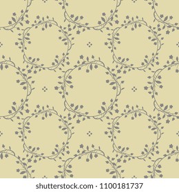 Seamless geometrical floral pattern with silhouetted round wreaths and abstract dots. Gray silhouettes on light yellow background.