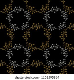Seamless geometrical floral pattern with silhouetted round wreaths. Golden and silver silhouettes on black background.