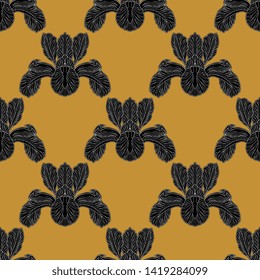 Seamless geometrical floral pattern with silhouetted heads of stylized Iris flower. Art Nouveau style.