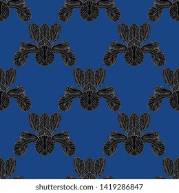 Seamless geometrical floral pattern with silhouetted heads of stylized Iris flower. Art Nouveau style.