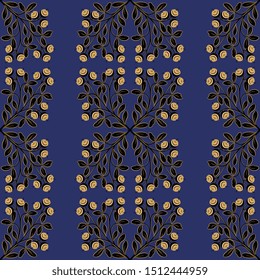 Seamless geometrical floral pattern with silhouetted square motifs. Ornate tree branches with berries.