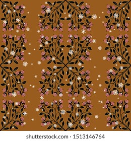 Seamless geometrical floral pattern with silhouetted square motifs and snowflakes. Ornate tree branches with berries.