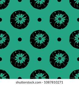Seamless geometrical floral pattern with silhouettes of Mexican Lophophora cactus (Peyote) and abstract polka dots.