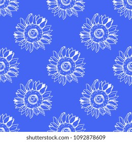 Seamless geometrical floral pattern with silhouettes of sunflowers. Based on hand drawn linear sketch. 