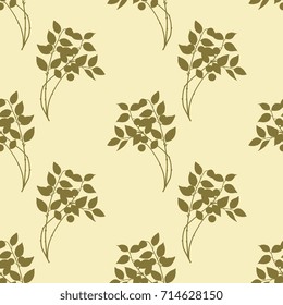 Seamless geometrical floral pattern with silhouettes of blueberry plant.