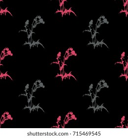 Seamless geometrical floral pattern with silhouettes of thistle plant. Wildlife summer motifs.