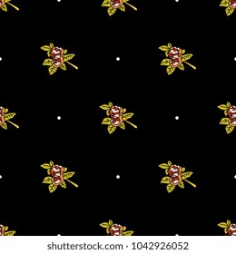 Seamless geometrical floral pattern with small bouquets of roses and polka dots. Romantic vintage style.
