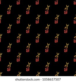 Seamless geometrical floral pattern. Small polka dots with branches of dogwood or barberry plant with red berries. (Cornus or Berberis). Folk style.