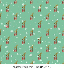 Seamless geometrical floral pattern. Small polka dots with branches of dogwood or barberry plant with red berries and snowflakes. (Cornus or Berberis). Folk style.