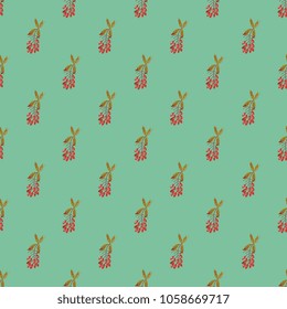 Seamless geometrical floral pattern. Small polka dots with branches of dogwood or barberry plant with red berries. (Cornus or Berberis). Folk style.