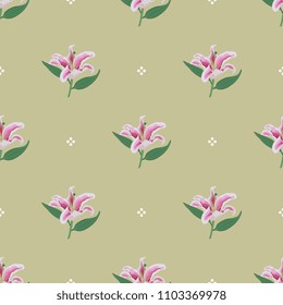 Seamless geometrical floral pattern with small flowers of pink lily and abstract polka dots.