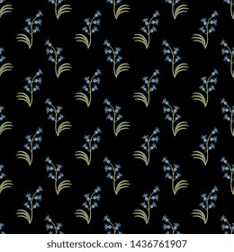 Seamless geometrical floral pattern with small silhouettes of stylized hyacinth flowers. Vintage style.