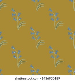 Seamless geometrical floral pattern with small silhouettes of stylized hyacinth flowers. Vintage style.