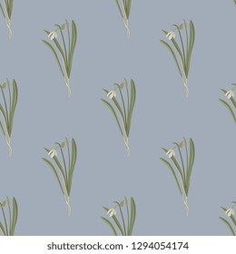 Seamless geometrical floral pattern with snowdrop flowers. (Galanthus nivalis). Vintage style.
