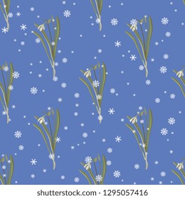 Seamless geometrical floral pattern with snowdrop flowers (Galanthus nivalis) and snowflakes. Vintage style.