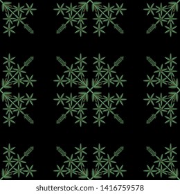 Seamless geometrical floral pattern with square mandalas made of hemp or cannabis plant branches. Ornate folk style.