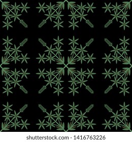 Seamless geometrical floral pattern with square mandalas made of hemp or cannabis plant branches. Ornate folk style.