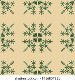 Seamless geometrical floral pattern with square mandalas made of hemp or cannabis plant branches. Folk style.
